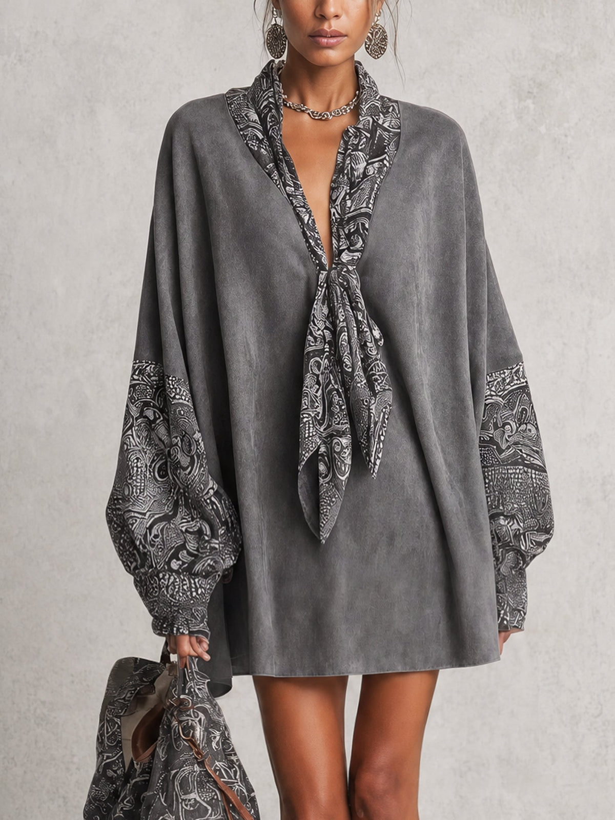 Grey V-neck printed mini dress with faux suede panels