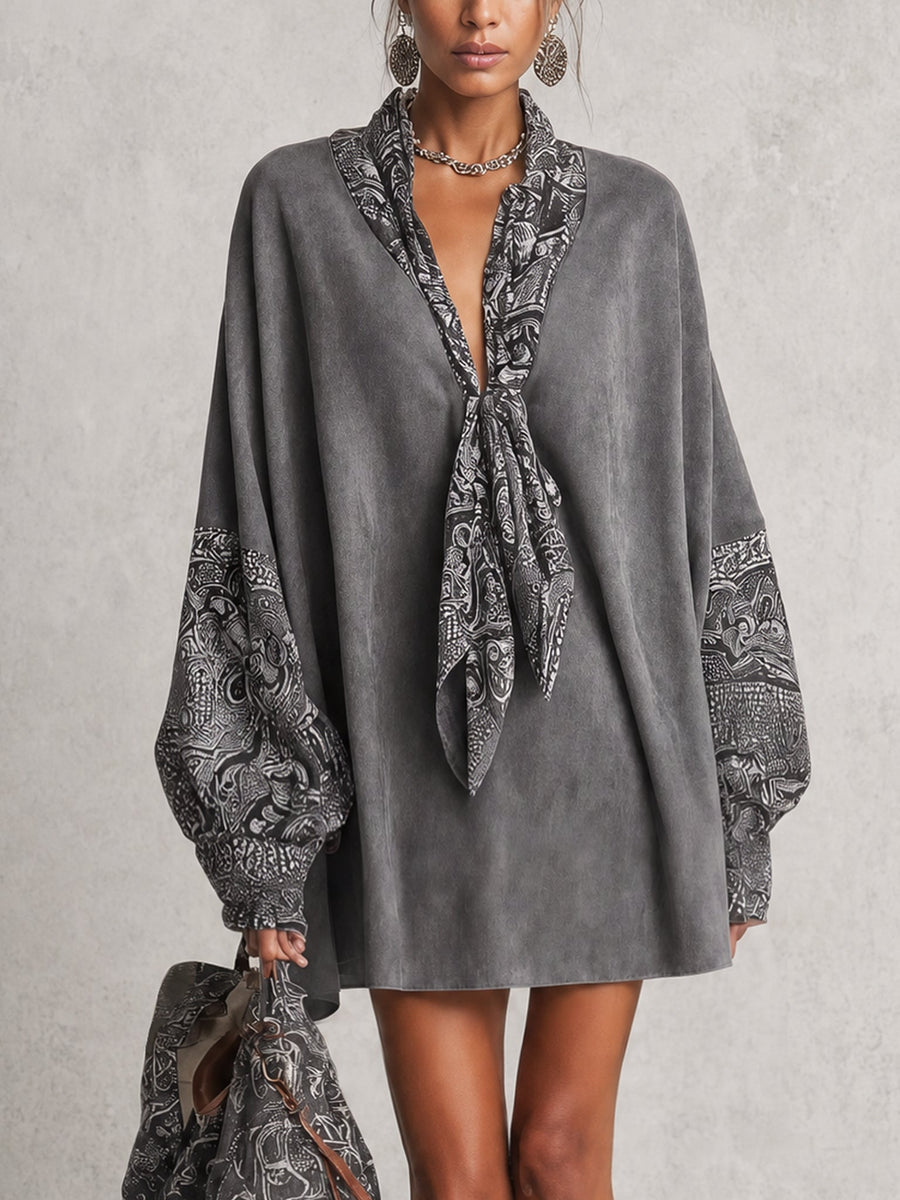 Grey V-neck printed mini dress with faux suede panels