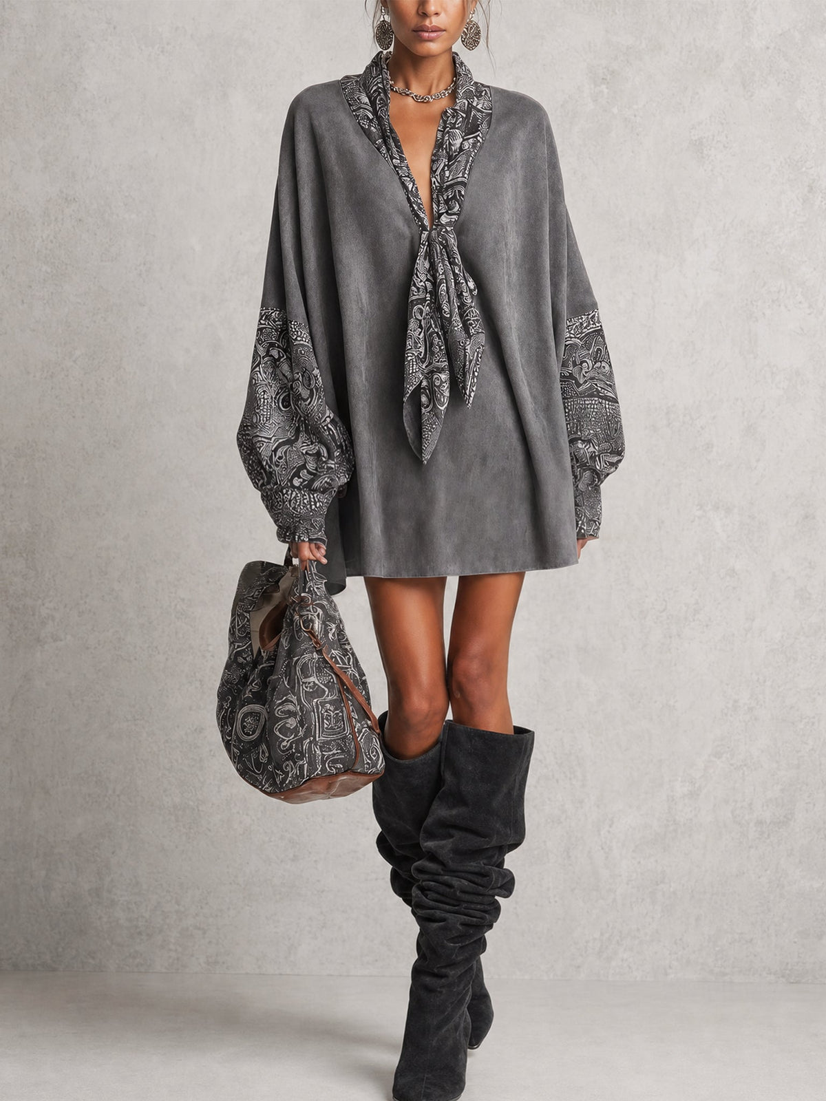 Grey V-neck printed mini dress with faux suede panels