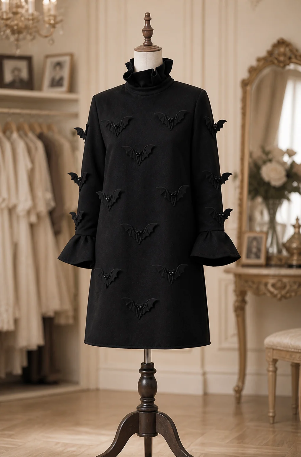Elegant Black Bat Embroidered Flared Sleeve Mini Dress