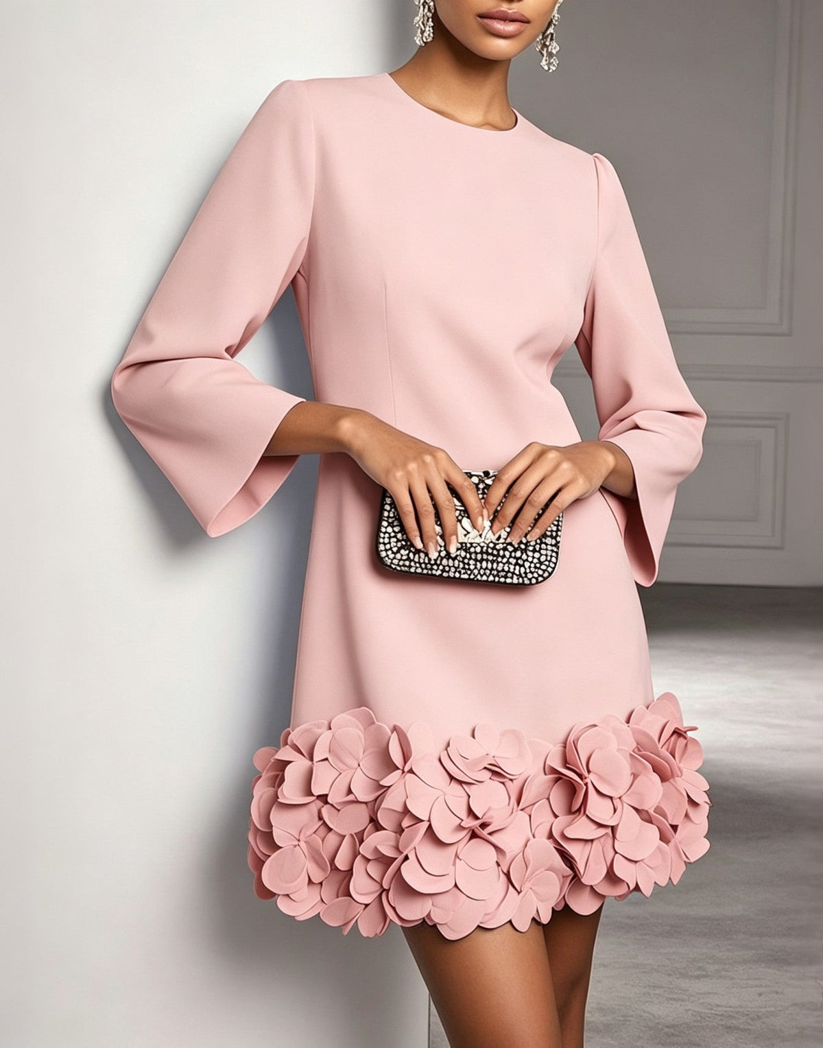 Pink Round Neck 3D Floral Ruffle Hem Mini Dress