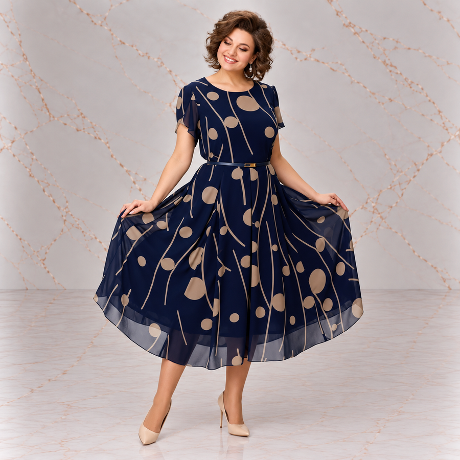 IVY | NAVY POLKA DOT PRINT CHIFFON MIDI DRESS