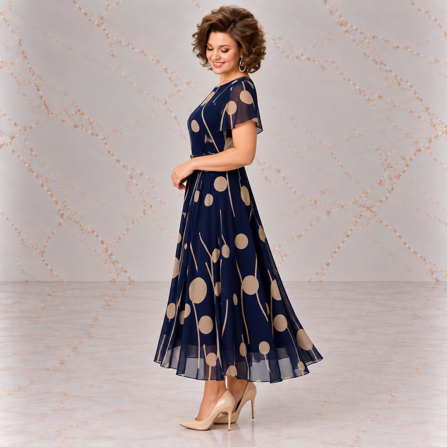 IVY | NAVY POLKA DOT PRINT CHIFFON MIDI DRESS