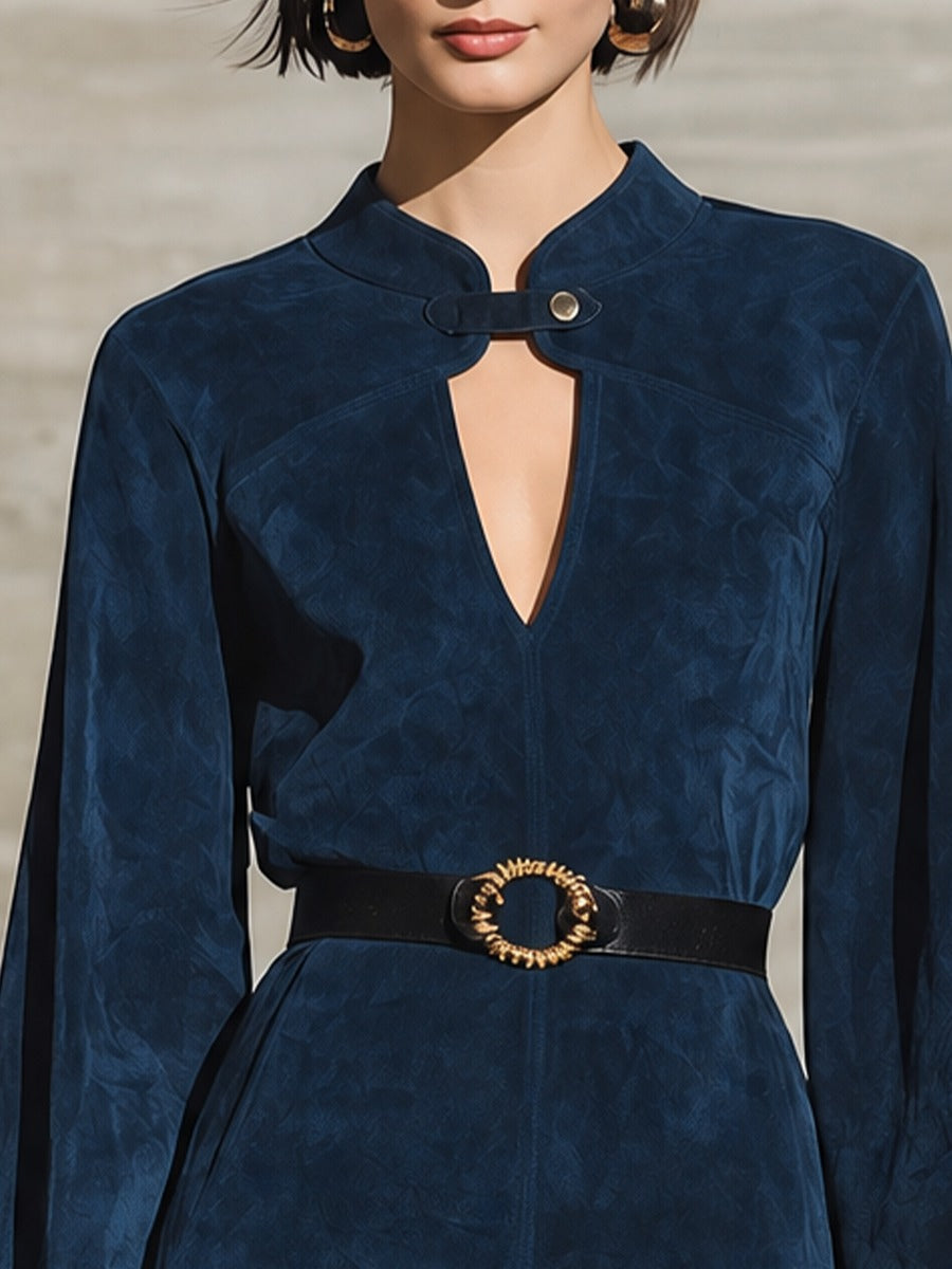 Navy Blue Faux‑Suede Keyhole‑Neck Balloon‑Sleeve Mini Dress(with belt)