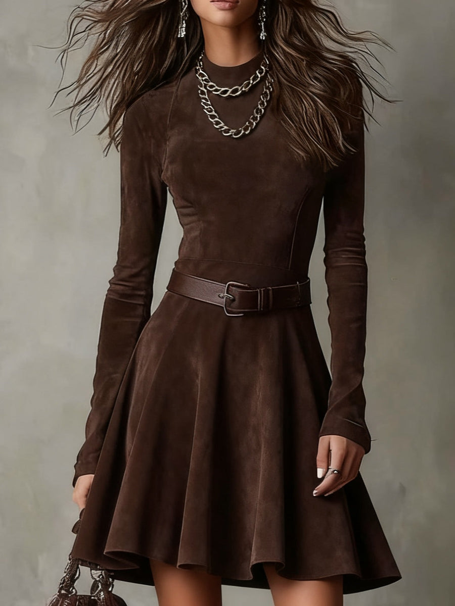 Vintage Dark Brown Suede Mock Neck Mini Dress