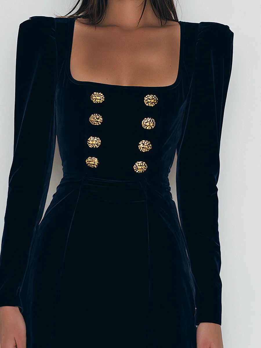 Elegant Navy Velvet Gold Buttons Mini Dress