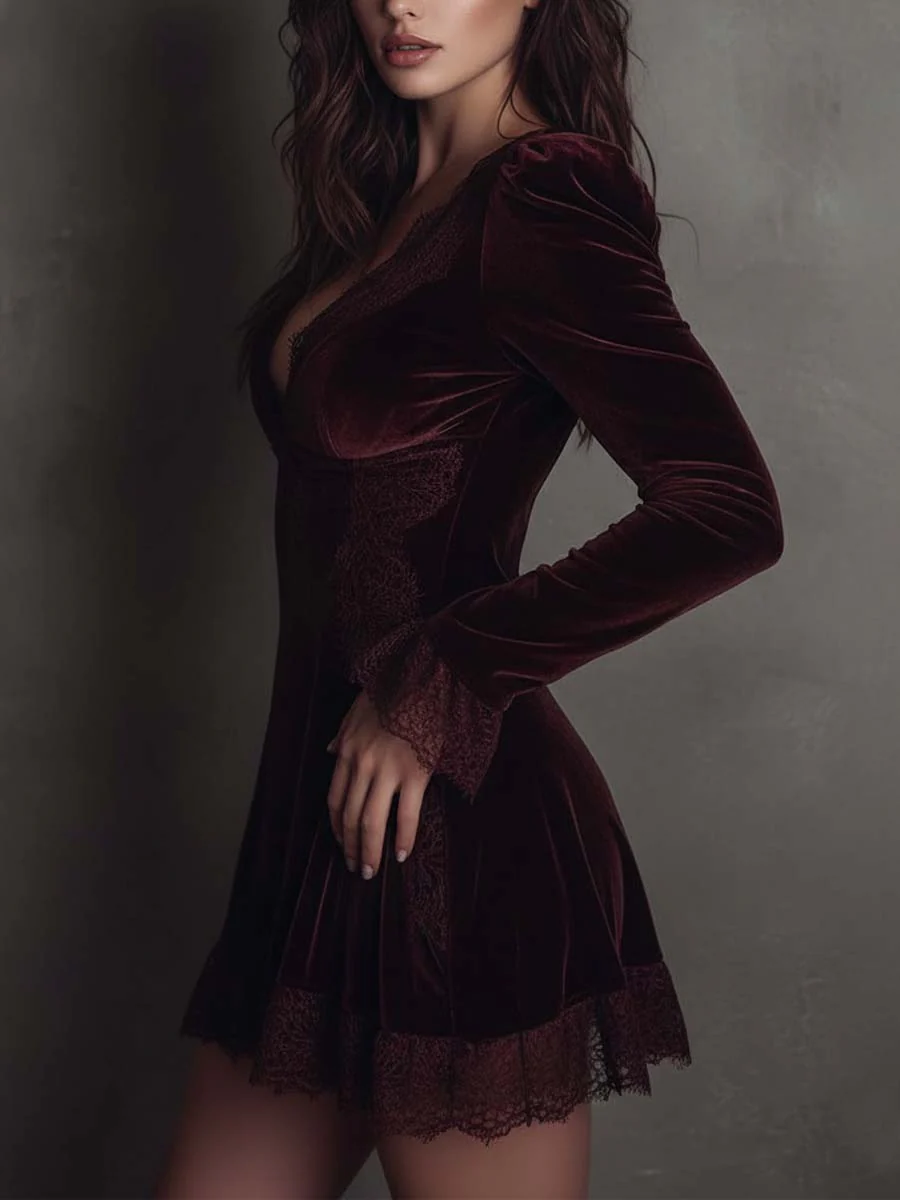 Burgundy Velvet Lace-trimmed V-neck Mini Dress