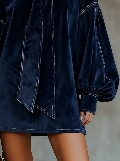 Dark Blue Velvet Bow Lantern Sleeve Mini Dress