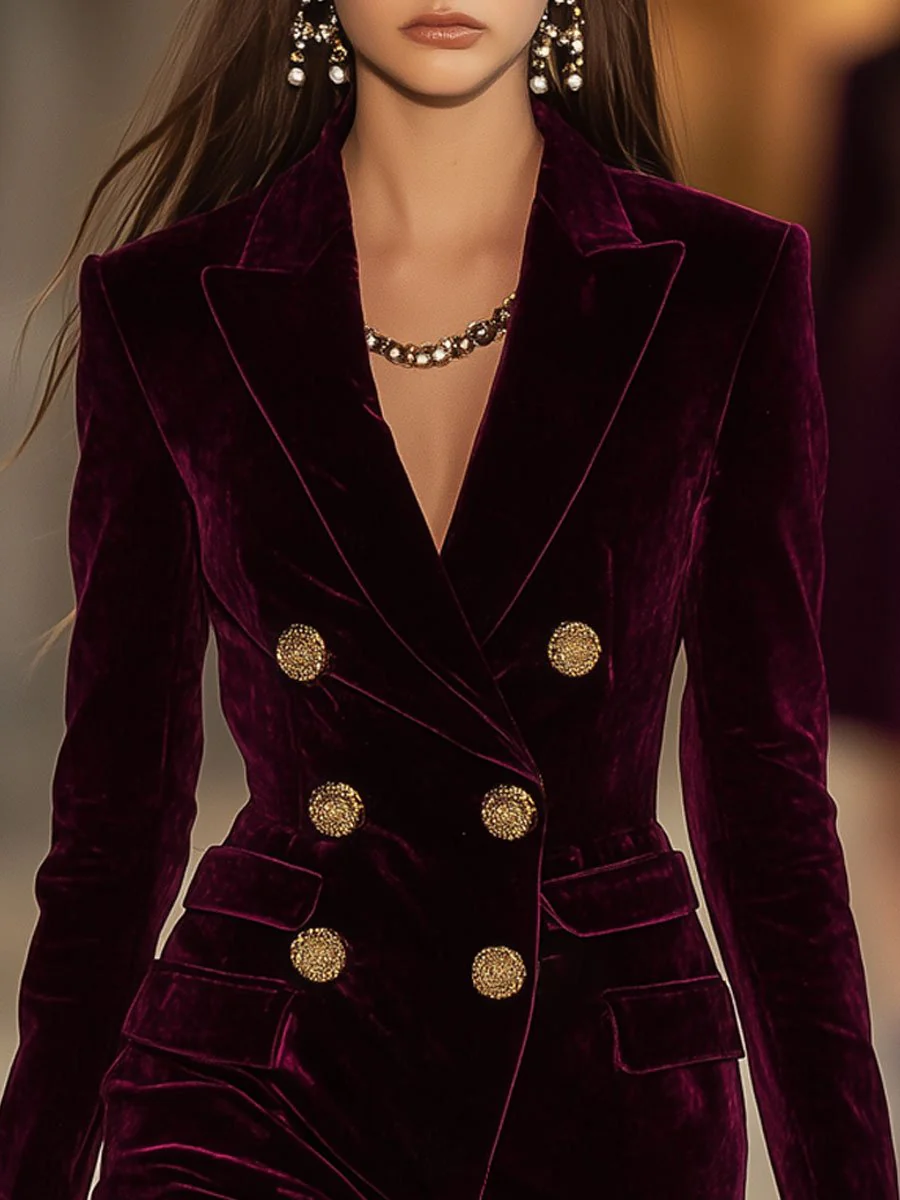 Vintage Anchor Red Velvet Double-Breasted Pocket Suit Mini Dress