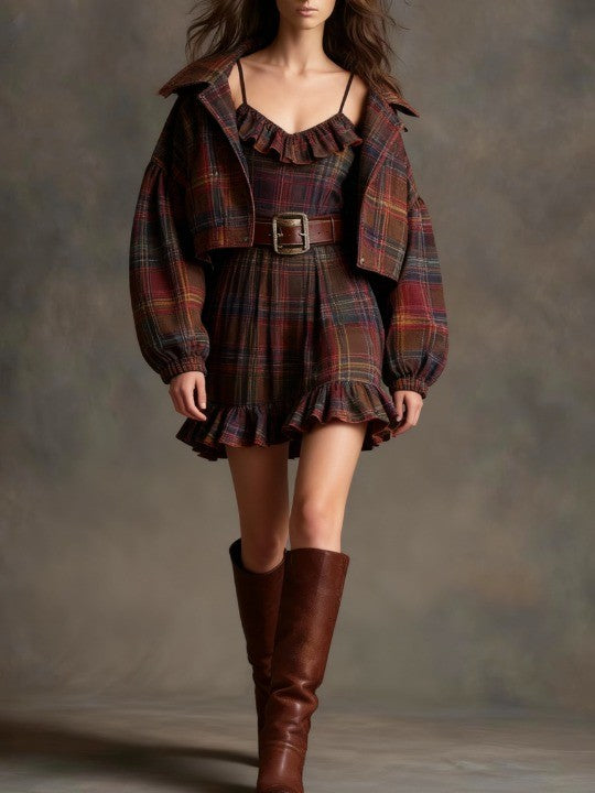 Vintage Plaid Ruffle Mini Dress and Loose Jacket Set（Includes belt）