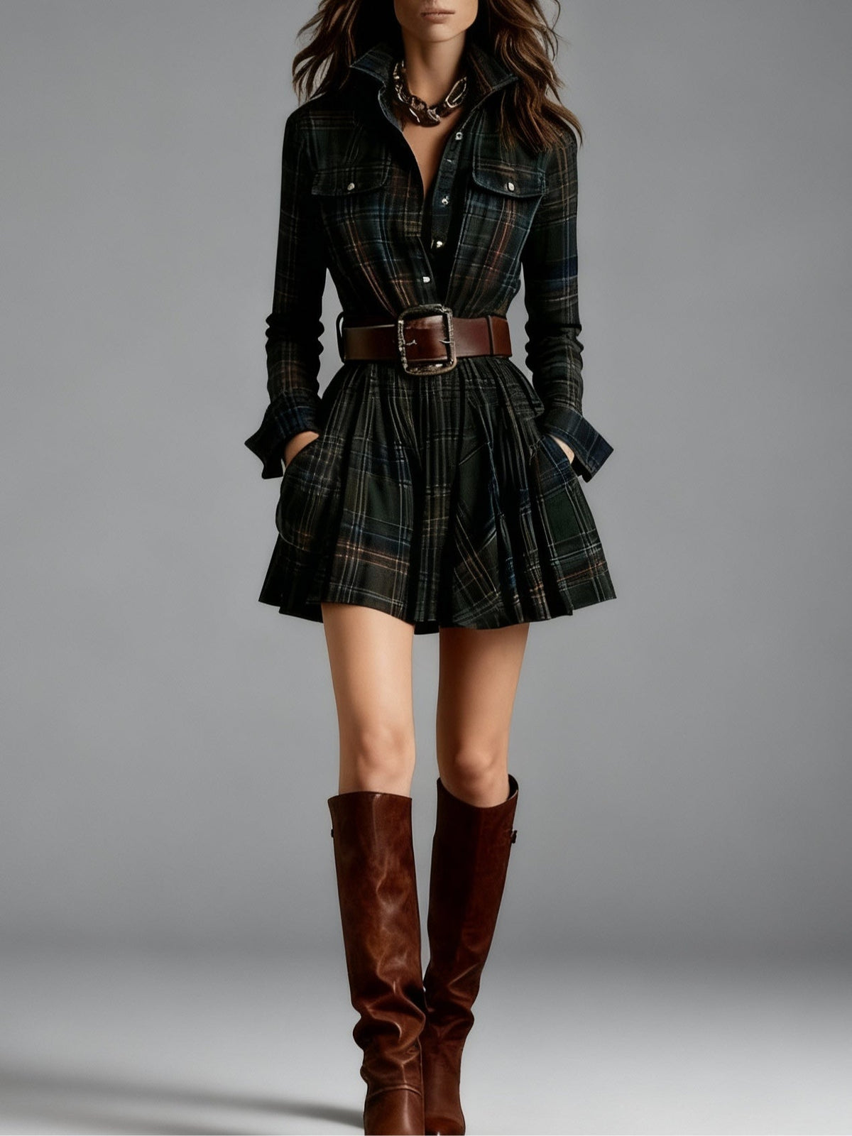 Vintage Lapel Red and Brown Plaid Mini Dress（Includes belt）