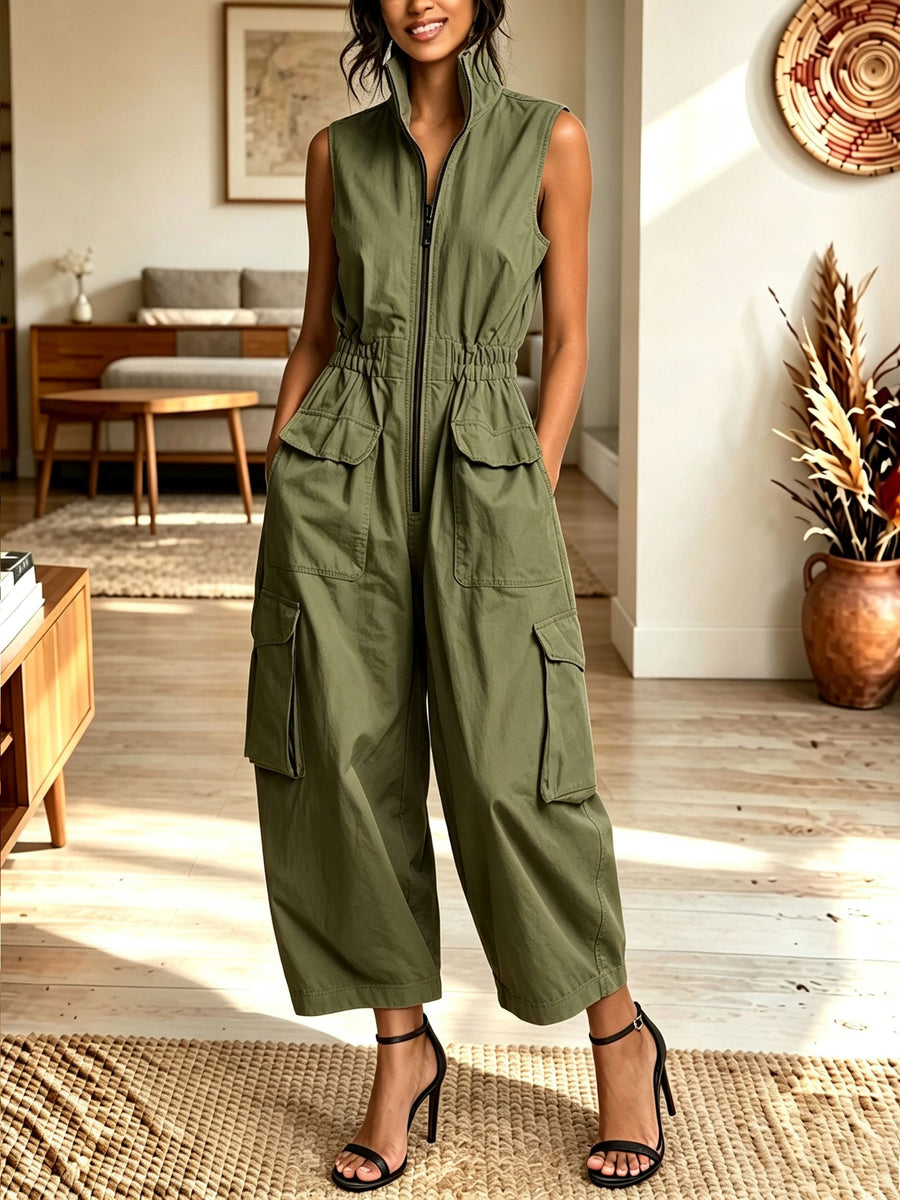 Women Sleeveless Zip Front Elastic Waist Cargo Wide Leg Jumpsuit