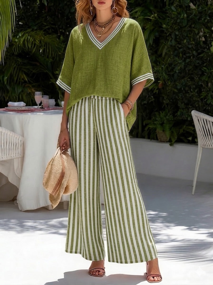 Casual Two-piece Set: Striped Linen & Cotton Patchwork Top And Striped Trousers